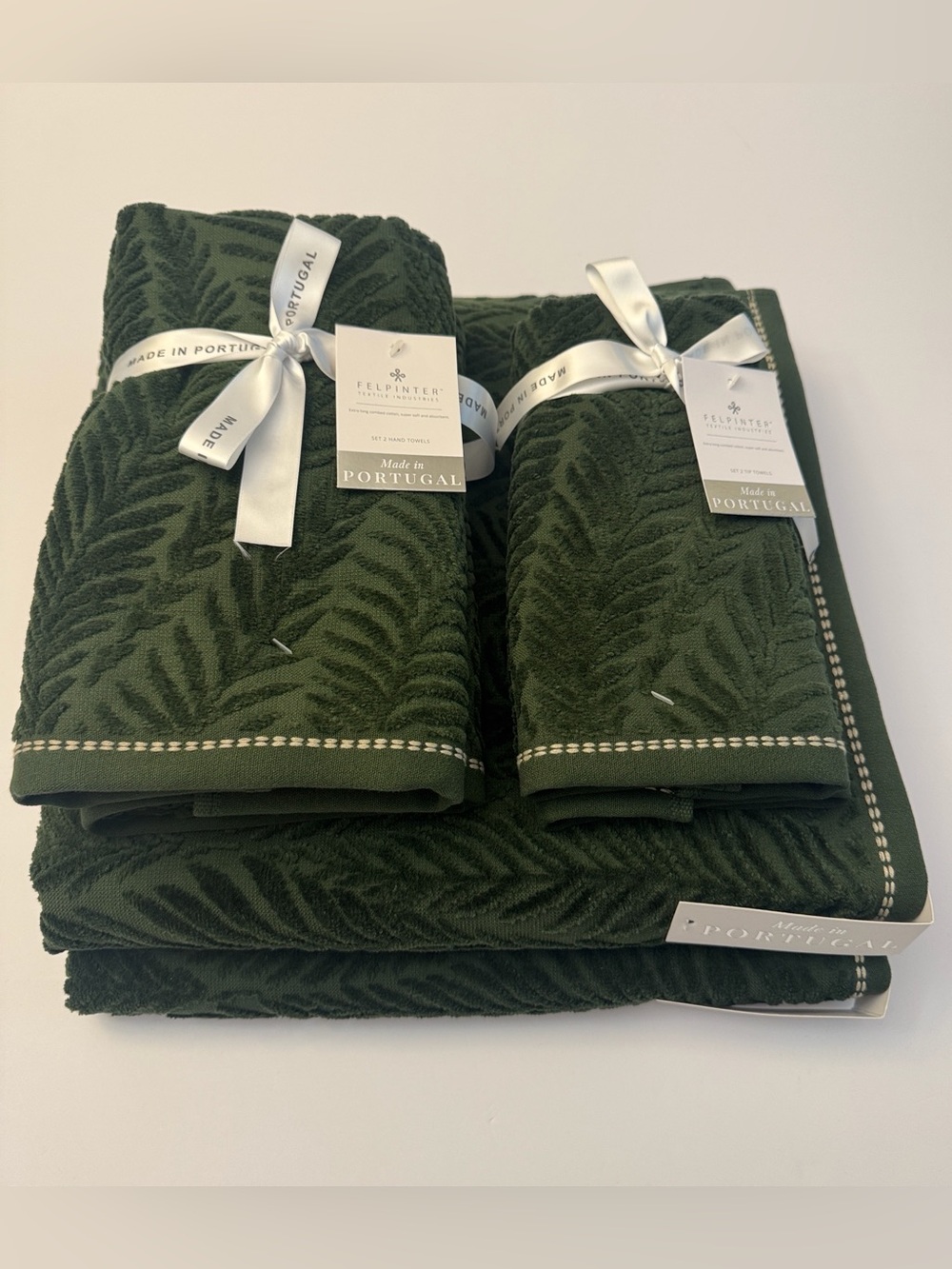 6pc FELPINTER Extra Long Combed  Cotton Bath Towel Set - Velour Leaf -Green